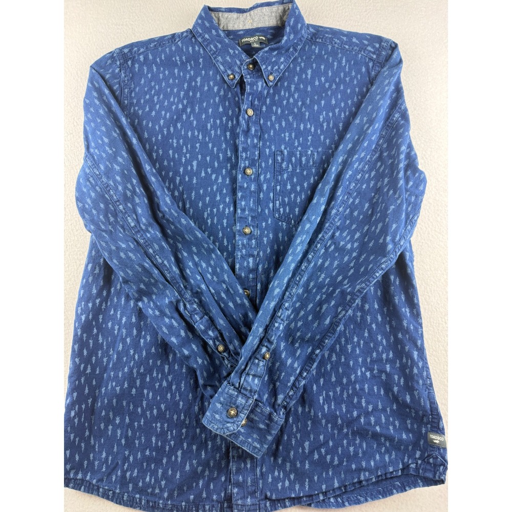 Toad&Co Mens Slim Fit Blue Pine Tree Print Long Sleeve Button Down Shirt Large